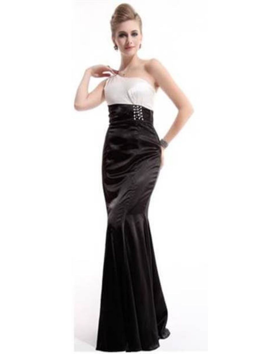 EY9673EPBWIS One Shoulder Satin Black and White Evening Gown SA32