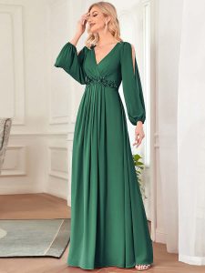ey0461bd green long sleeve long evening gown with waist detail eternally yours